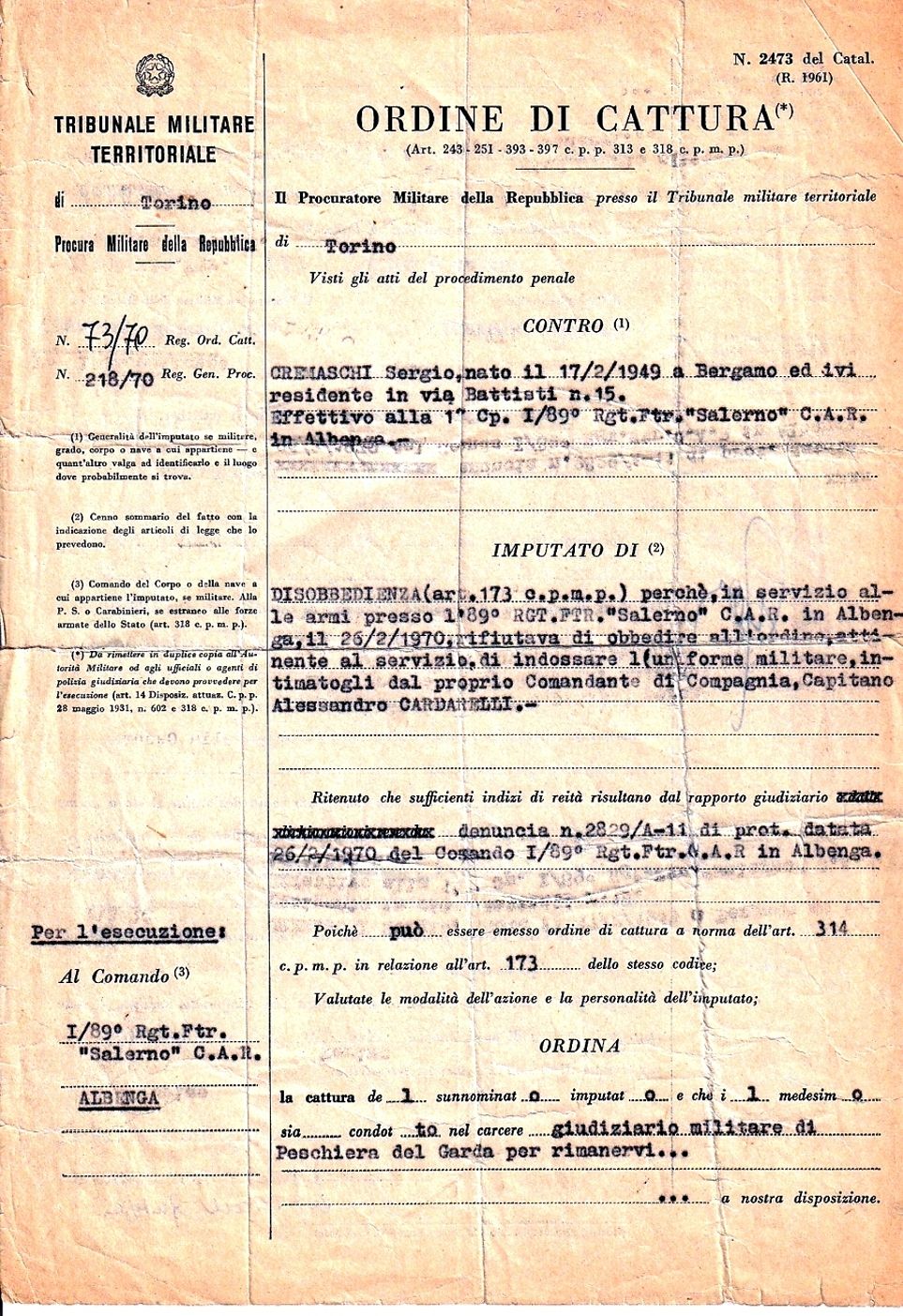 Ordine di cattura di Sergio Cremaschi