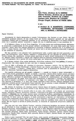 E questa è la lettera che la Segreteria di Collegamento dei Gruppi Antimilitaristi mandò ad alcuni giornali il 25 febbraio