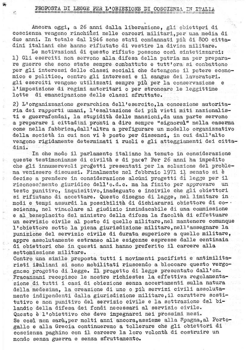 Volantino del Partito Radicale in appoggio alla proposta di legge Fracanzani