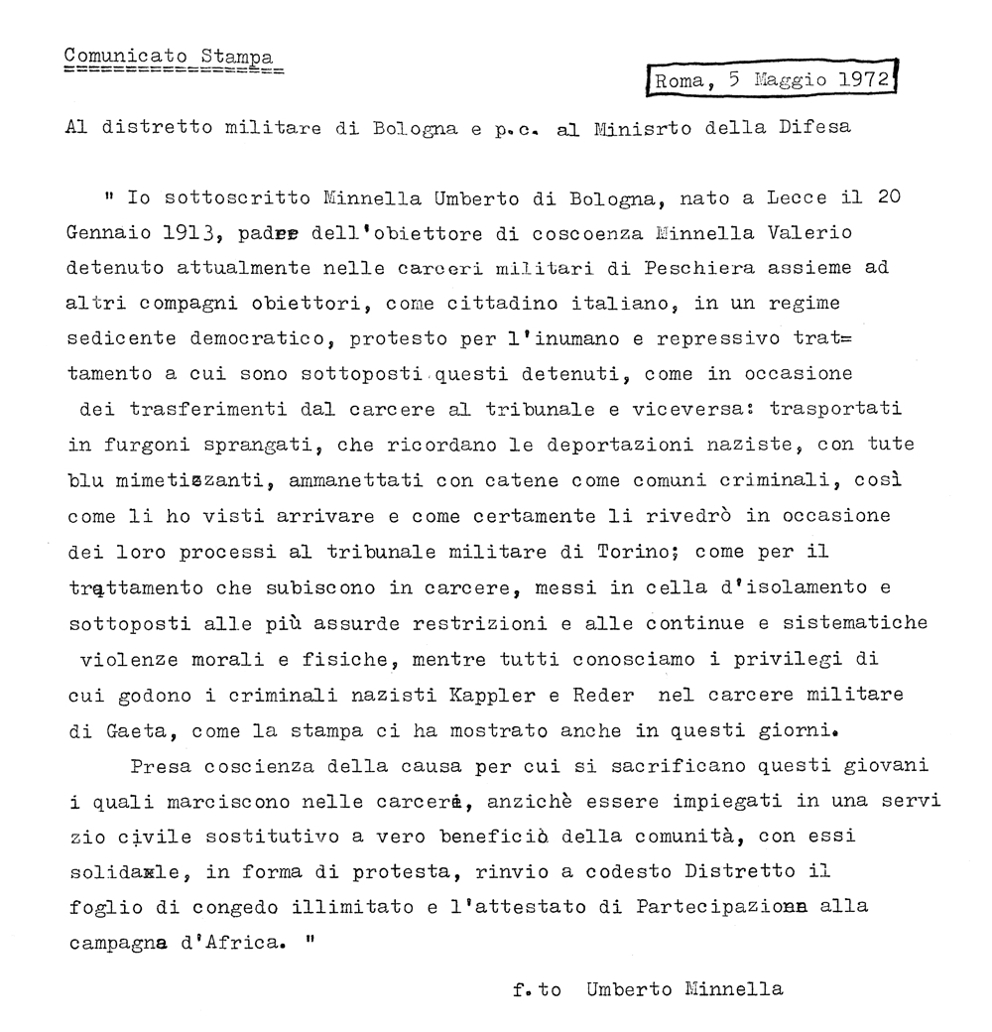 Comunicato stampa del padre dell'obiettore Valerio Minnella