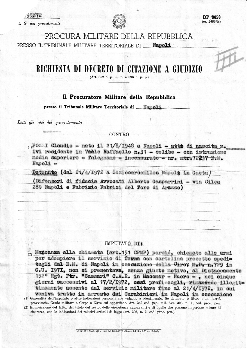 Richiesta di decreto di citazione a giudizio di Claudio Pozzi