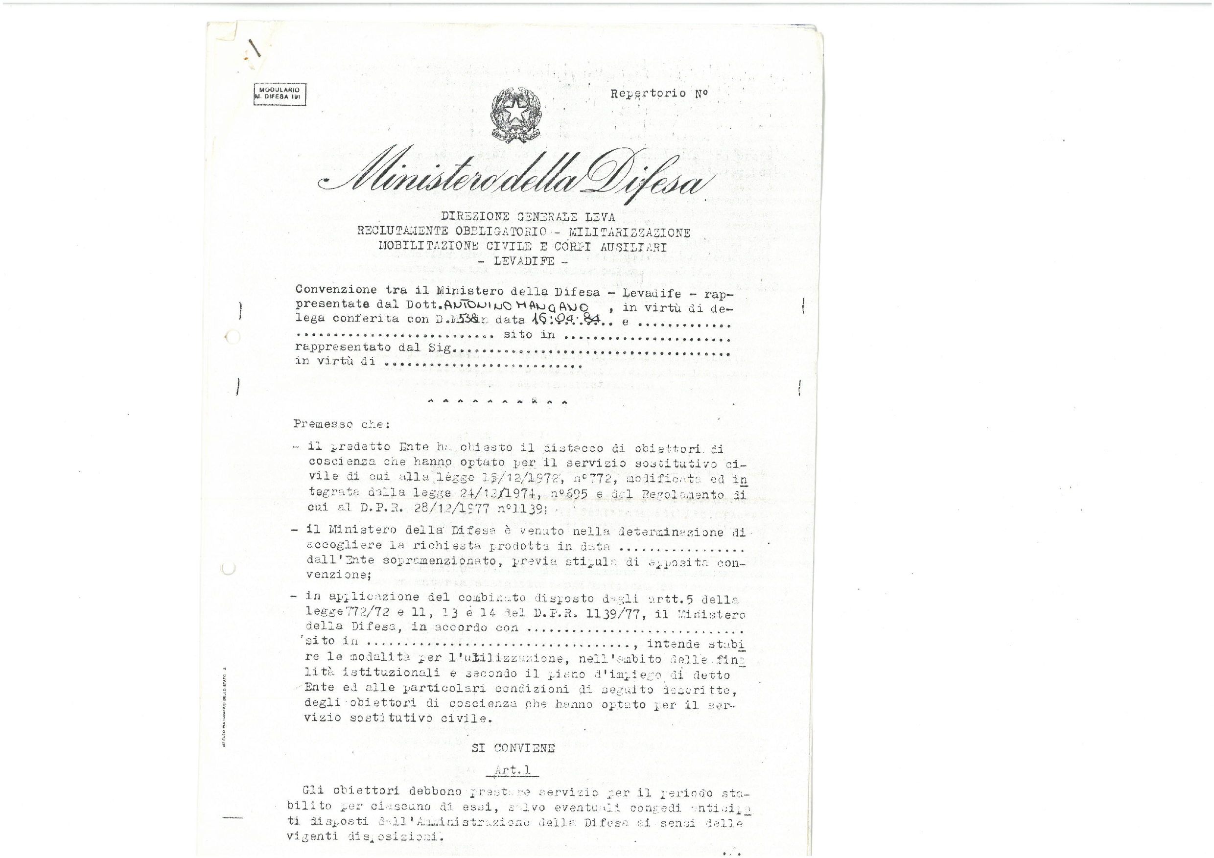 Convenzione con Ministero della Difesa 16 aprile 1984