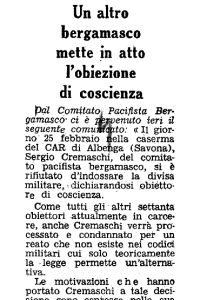 Un altro bergamasco mette in atto l’obiezione di coscienza