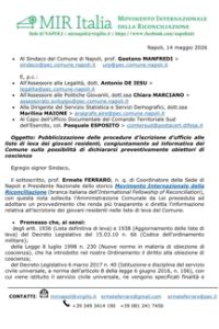 Il MIR di Napoli scrive al sindaco Manfredi sollecitandolo a ripetere l’iniziativa del comune di Capaci